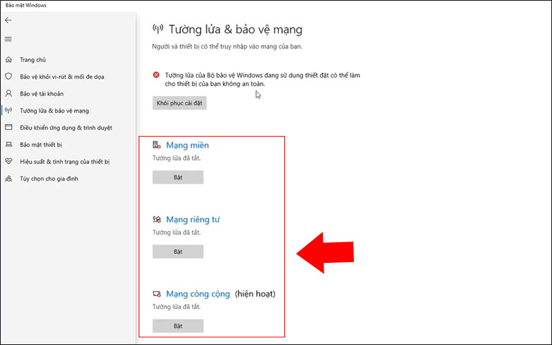 Tắt hệ thống Tường lửa và bảo vệ mạng để tải Malwarebytes Anti-Malware